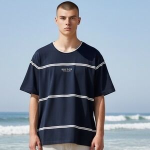 Denim Flower Ricky Singh Navy White Stripe Boston The City on a Hill Shirt XL